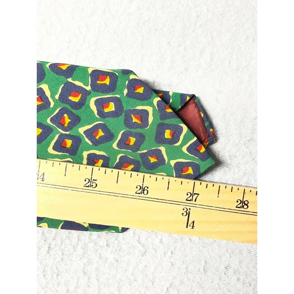 Polo Ralph Lauren Silk Tie Mens Green Blue Yellow Geometric Square Pattern USA